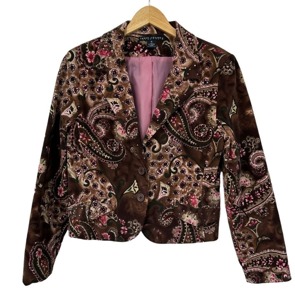 Larry Levine Stretch Brown Pink Paisley Jacket Blazer, 10